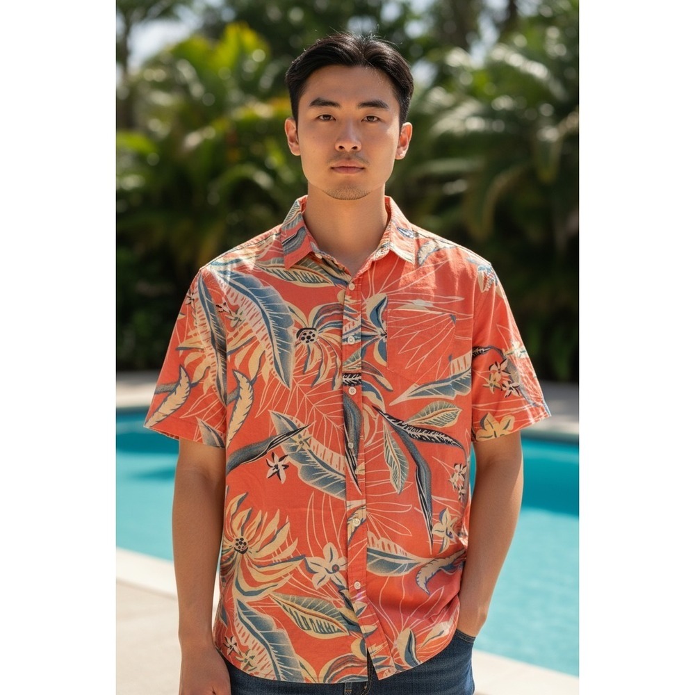 O'Neill Hawaiian Camp Shirt L‎ Tropical Coral  Resort Beach Button Down - Picture 2 of 5